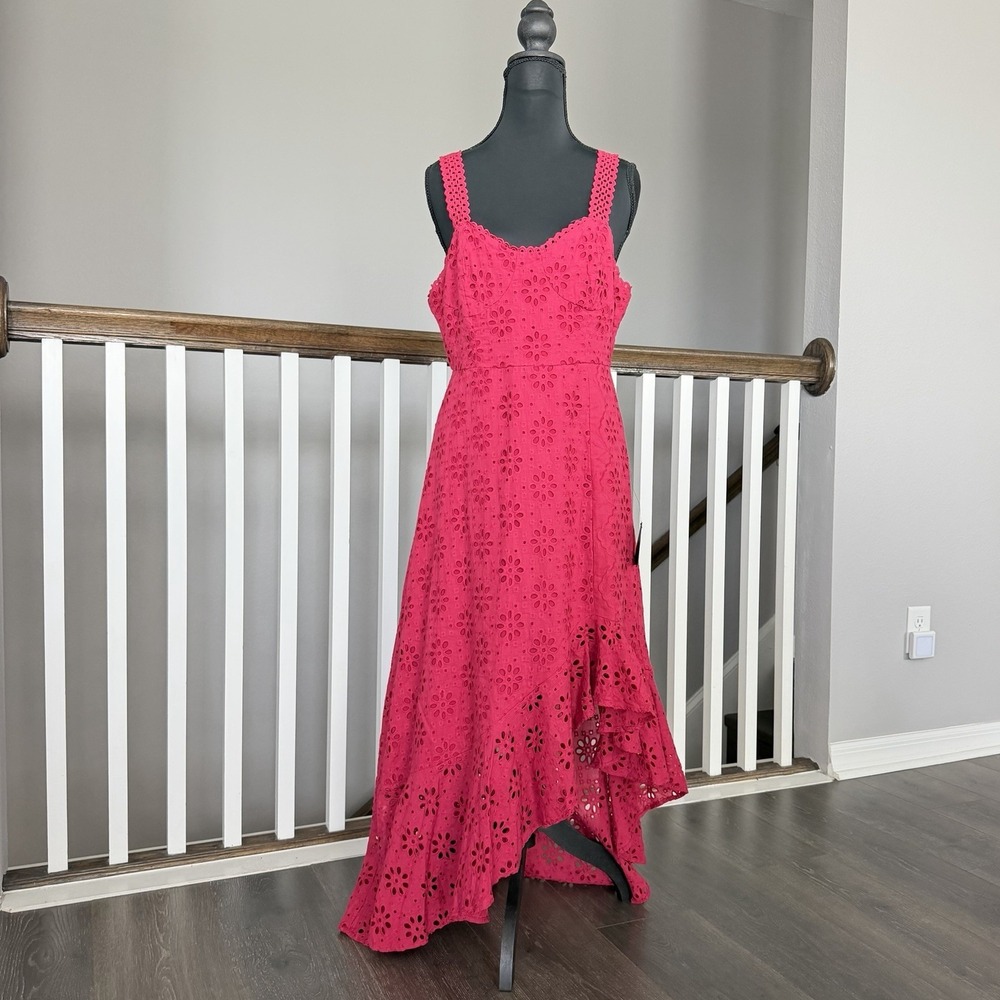Lulus NWT Berry Pink Eyelet Ruffled Asymmetrical Dress Medium Resort Wedding